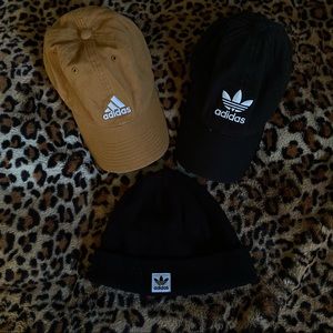 Adidas 2 hats and a beanie, 2 black and and tan/brown